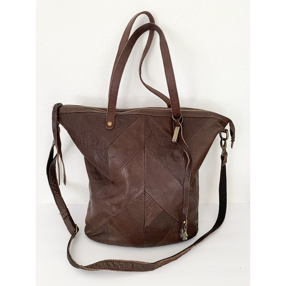 Lucky Brand Leather Large Tote Crossbody Bag Boho Purse Brown Chevron
